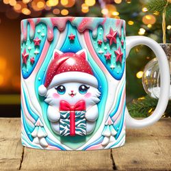 3D Cat Christmas Mug Wrap, Kitten Mug Wrap Sublimation Design PNG, 11oz and 15oz Coffee Cup Template, 3D Cute Inflated C