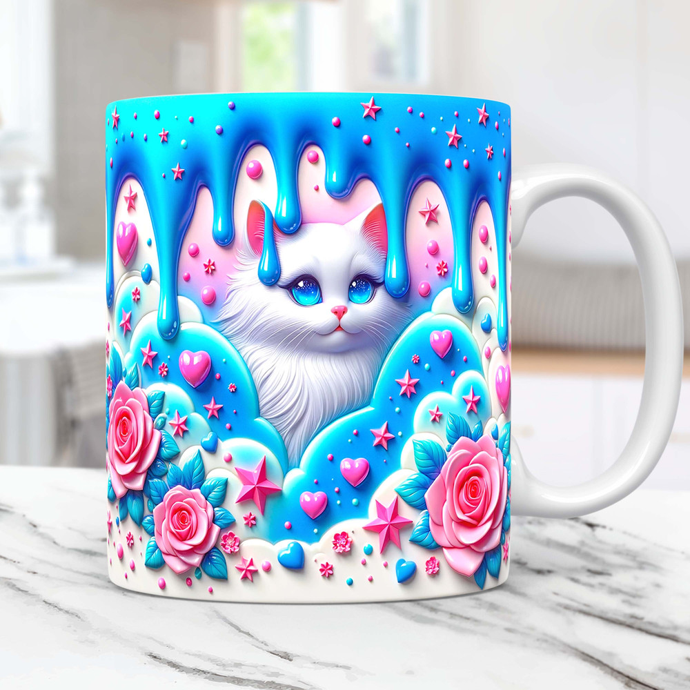 3D Cat Mug Wrap, Cat Lovers Mug Wrap Sublimation Design PNG, 3D Cute Cat Mug PNG Press Design, 3D Kitten 11 oz & 15 oz Coffee Cup Template.jpg