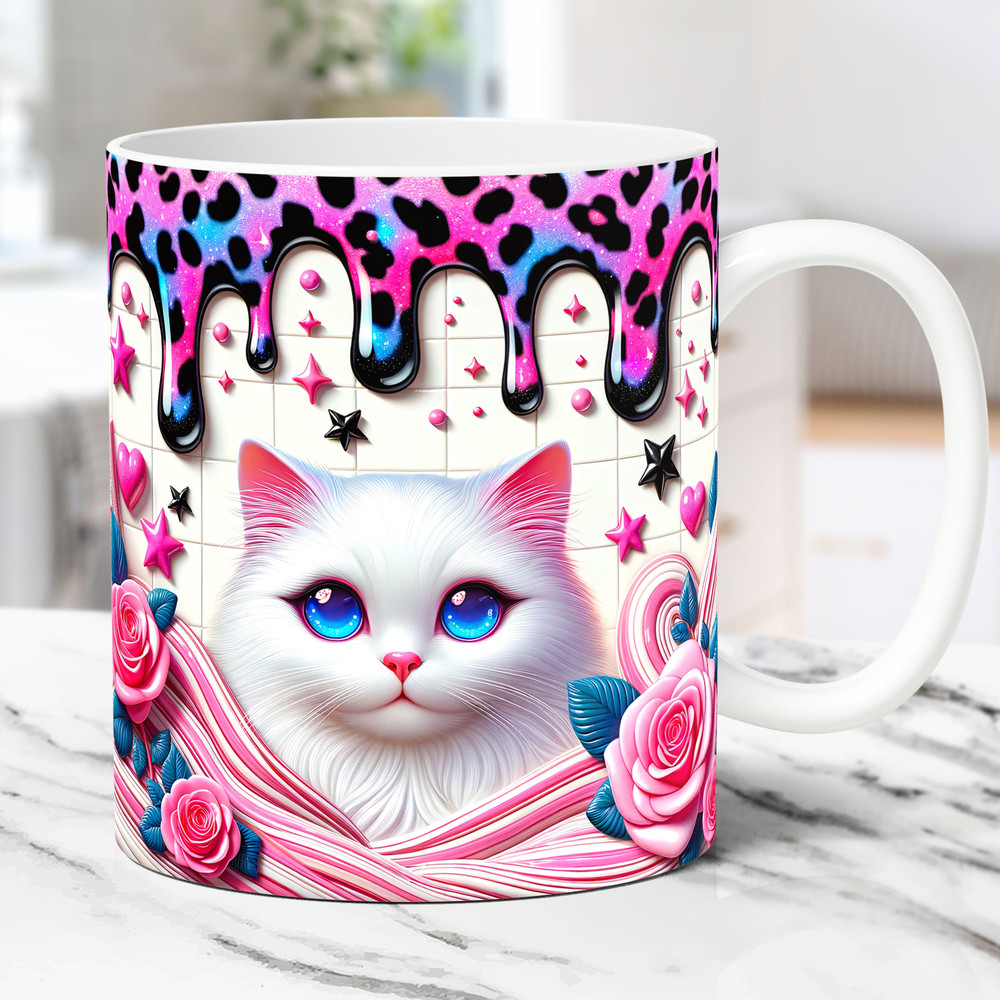 3D Cat Mug Wrap, Cat Lovers Mug Wrap Sublimation Design PNG, 3D Cute Cat Mug PNG Press Design, 3D Kitten 11 oz and 15 oz Coffee Cup Template.jpg