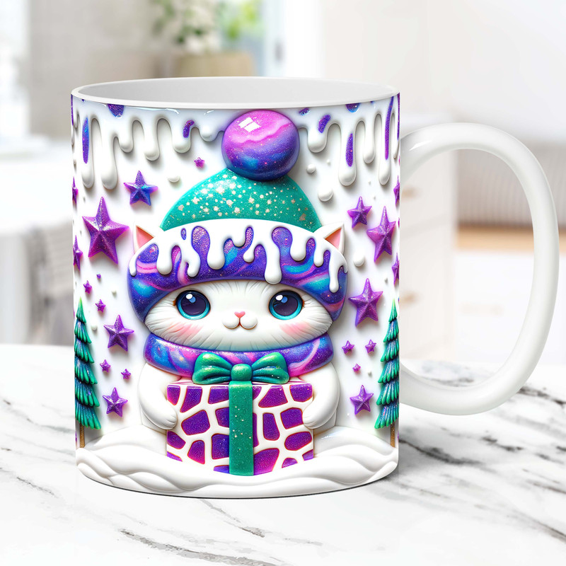3D Christmas Cat Mug Wrap Christmas Kitten Mug Wrap Sublimation Design 3D Cute Cat Mug PNG Press Design 11oz and 15oz Coffee Cup Template.jpg
