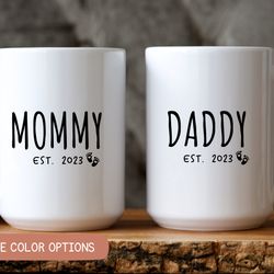 new mom and dad mugs, mommy and daddy est. coffee mugs, parents to be mug set, baby shower gift, pregnancy reveal, expec