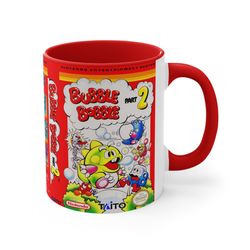bubble bobble part 2 nes 8 bit game box cover famicom accent coffee mug, red 1