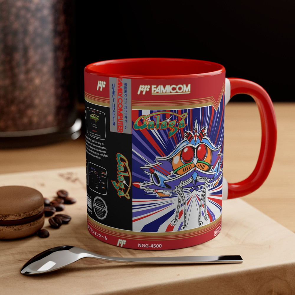 Galaga NES 8 bit game box cover famicom Accent Coffee Mug, 11oz red.jpg