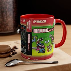 mario bros pipe game nes 8 bit game box cover famicom accent coffee mug,