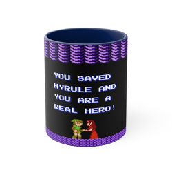 the adventur of link ending screen nes 8 bit game box cover famicom accent coffee mug, red