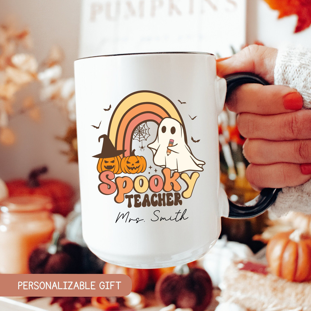 Custom Teacher Halloween Mug, Spooky Teacher Gift, Ghost Halloween Mug, Ghost Reading Books Mug, Book Lover Mug, Personalized Teacher Fall.jpg