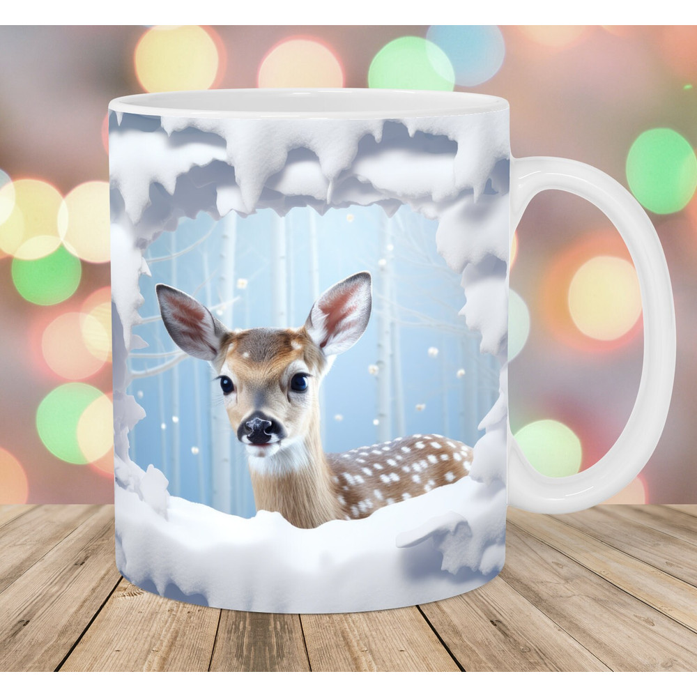 3D Baby Deer Hole In A Wall Mug Wrap, 11oz & 15oz Mug Template, Mug Sublimation Design, Snow Mug Wrap Template, Instant Digital Download PNG.jpg