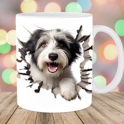 3d bearded collie hole in a wall mug wrap, 11oz & 15oz mug template, mug sublimation design, mug wrap template, instant