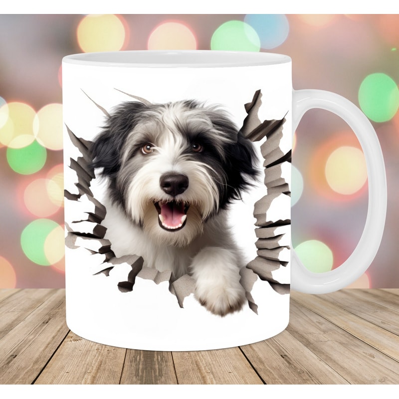 3D Bearded Collie Hole In A Wall Mug Wrap, 11oz & 15oz Mug Template, Mug Sublimation Design, Mug Wrap Template, Instant Digital Download PNG.jpg