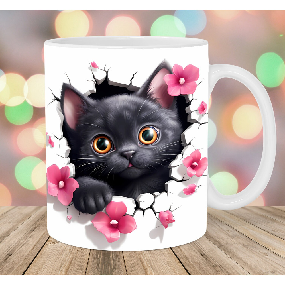 3D Black Kitten Hole In A Wall Mug Wrap, 11oz & 15oz Mug Template, Mug Sublimation Design, Mug Wrap Template, Instant Digital Download PNG.jpg