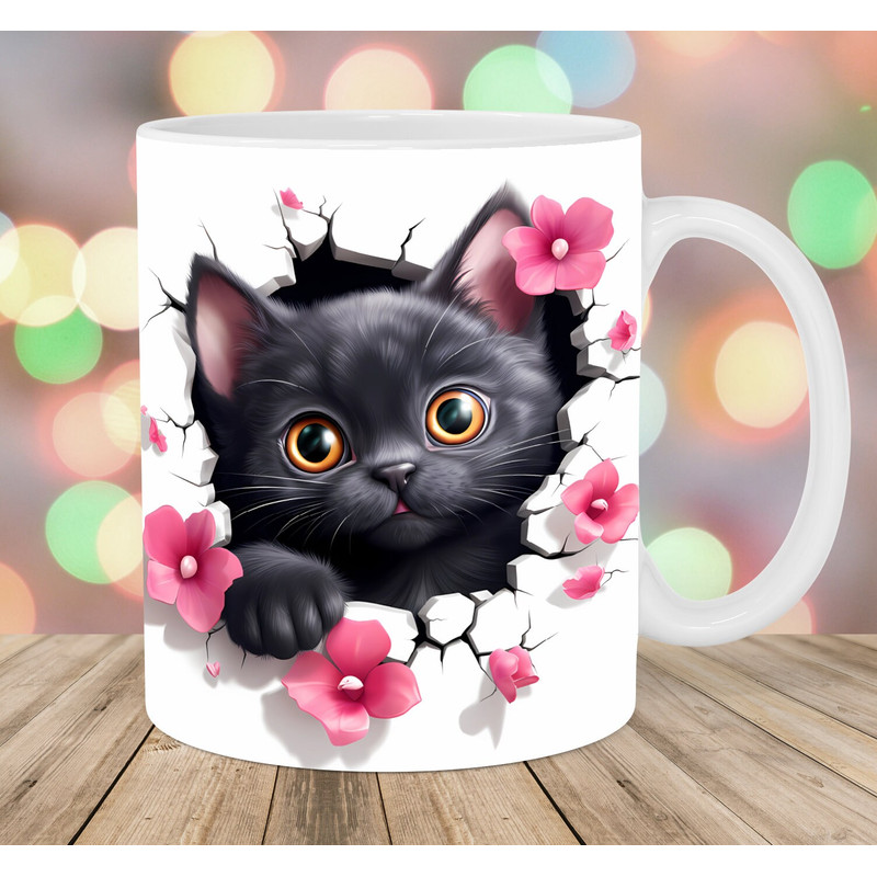 3D Black Kitten Hole In A Wall Mug Wrap, 11oz & 15oz Mug Template, Mug Sublimation Design, Mug Wrap Template, Instant Digital Download PNG.jpg