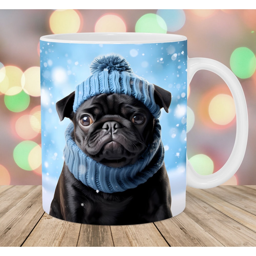 3D Black Pug Christmas Mug Wrap, 11oz & 15oz Mug Template, Mug Sublimation Design, Dog Mug Wrap Template, Instant Digital Download PNG.jpg