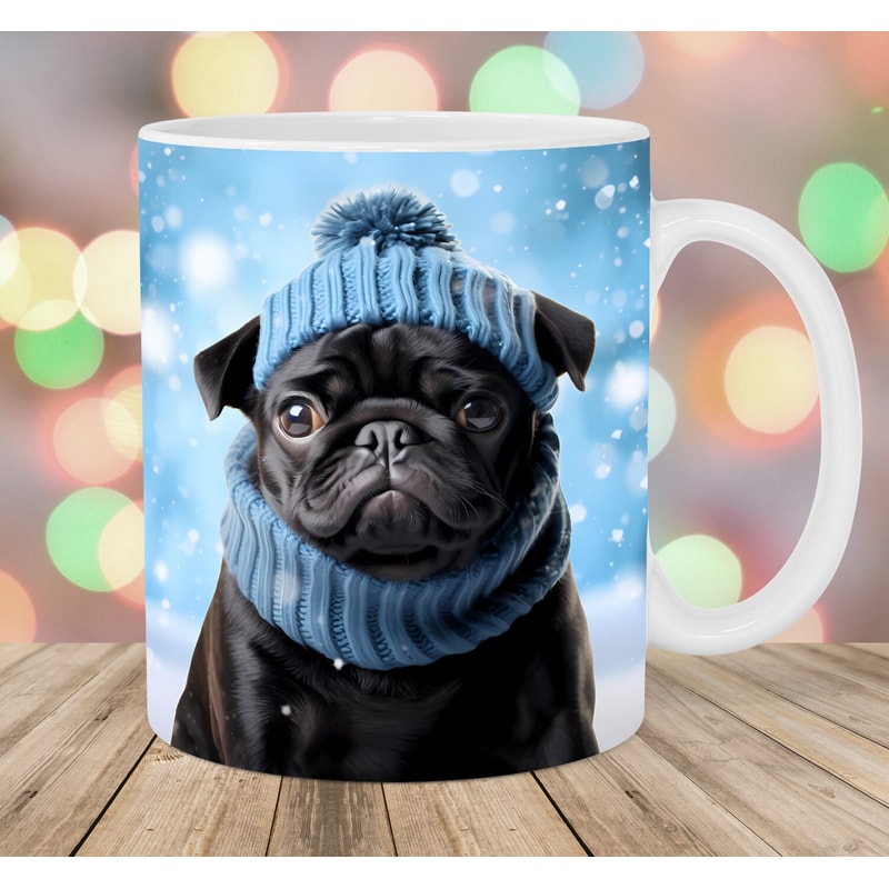 3D Black Pug Christmas Mug Wrap, 11oz & 15oz Mug Template, Mug Sublimation Design, Dog Mug Wrap Template, Instant Digital Download PNG.jpg