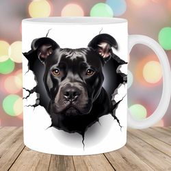 3d black staffordshire bull terrier hole in a wall mug wrap, 11oz & 15oz mug template, mug sublimation design, instant d