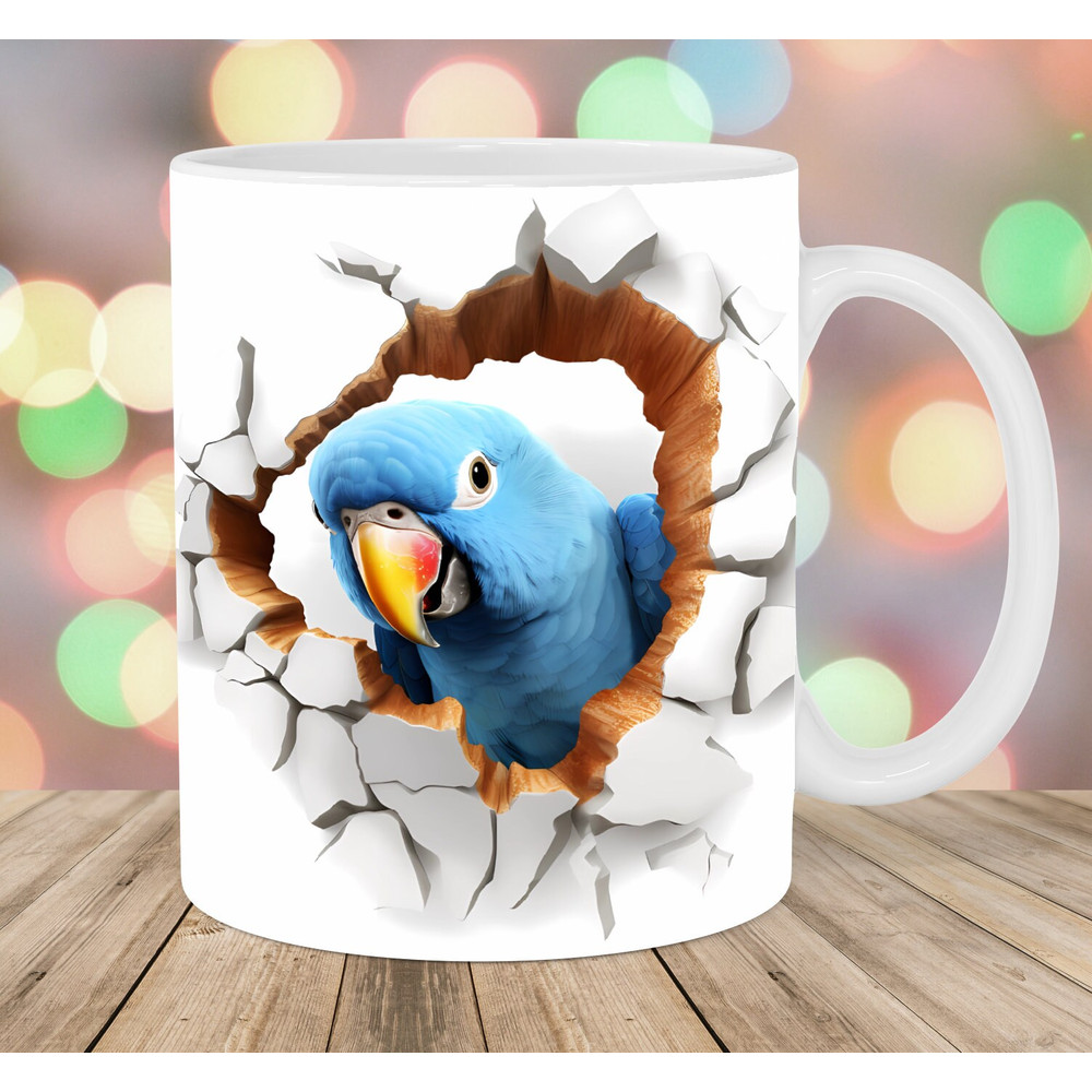 3D Blue Parrot Mug Wrap, 11oz & 15oz Mug Template, Mug Sublimation Design, Hole In A Wall Mug Wrap Template, Instant Digital Download PNG.jpg