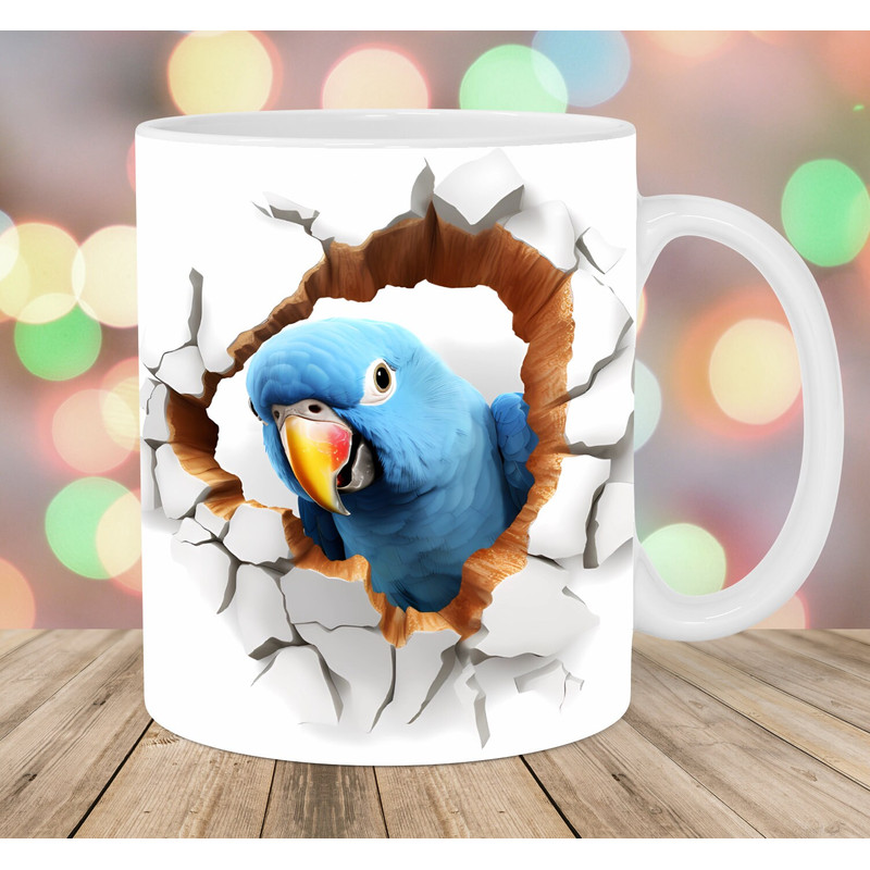 3D Blue Parrot Mug Wrap, 11oz & 15oz Mug Template, Mug Sublimation Design, Hole In A Wall Mug Wrap Template, Instant Digital Download PNG.jpg