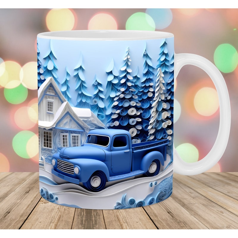 3D Blue Truck Mug Wrap, 11oz & 15oz Mug Template, Mug Sublimation Design, Christmas Mug Wrap Template, Instant Digital Download PNG.jpg