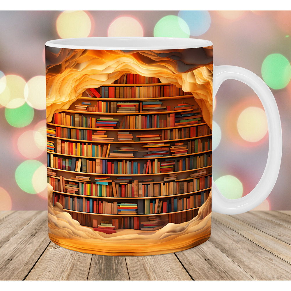 3D Book Hole In A Wall Mug Wrap, 11oz & 15oz Mug Template, Mug Sublimation Design, Bookshelf Mug Wrap Template, Instant Digital Download PNG.jpg