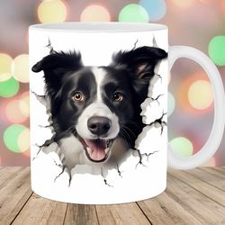3d border collie hole in a wall mug wrap, 11oz & 15oz mug template, mug sublimation design, mug wrap template