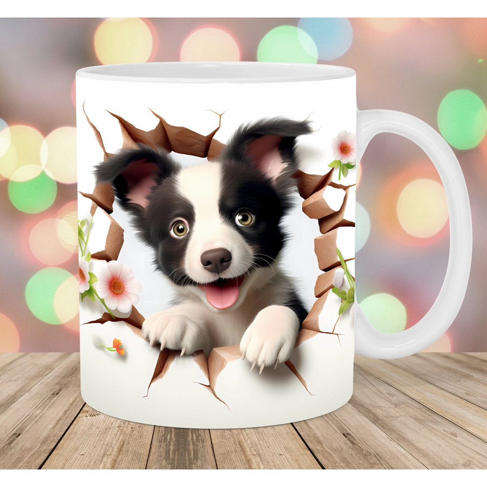 3D Border Collie Hole In A Wall Mug Wrap, 11oz & 15oz Mug Template, Mug Sublimation Design, Puppy Mug Template, Instant Digital Download PNG.jpg