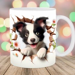 3d border collie hole in a wall mug wrap, 11oz & 15oz mug template, mug sublimation design, puppy mug template