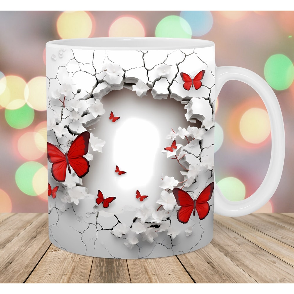 3D Butterflies Mug Wrap, 11oz & 15oz Mug Template, Mug Sublimation Design, Crack In A Wall Mug Wrap Template, Instant Digital Download PNG.jpg