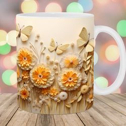3d butterflies mug wrap  11oz & 15oz mug template  mug sublimation design  yellow flowers mug wrap template