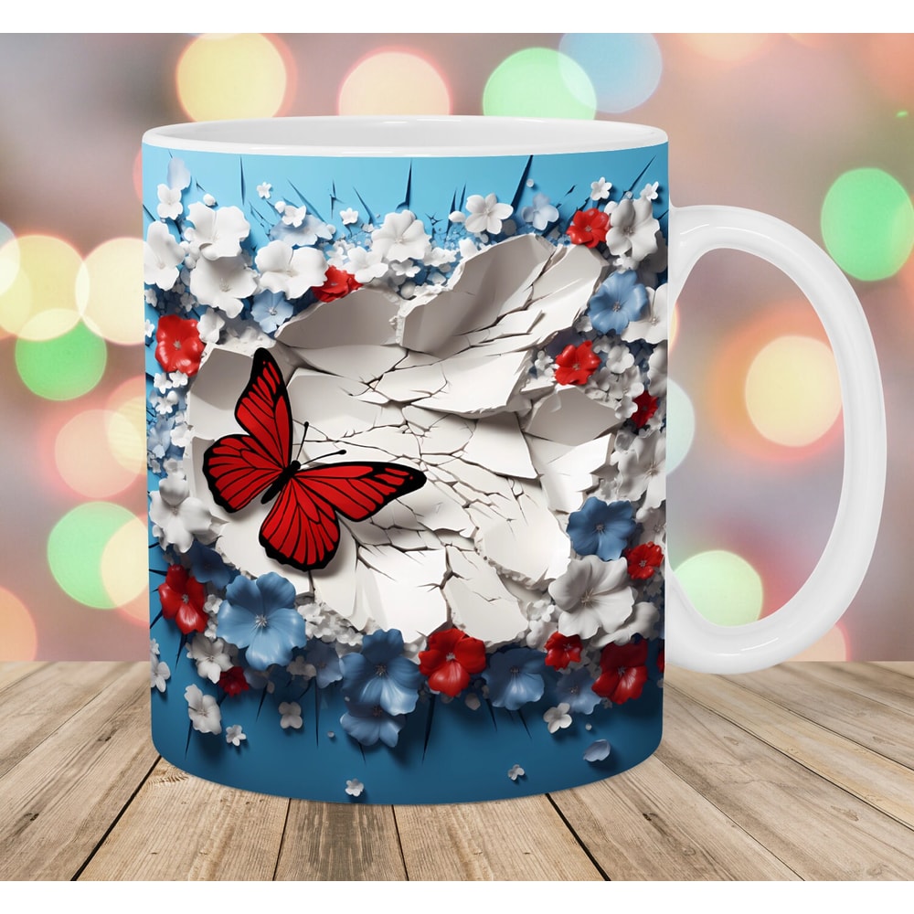3D Butterfly Crack In A Wall Mug Wrap, 11oz & 15oz Mug Template, Mug Sublimation Design, Flower Mug Template, Instant Digital Download PNG.jpg