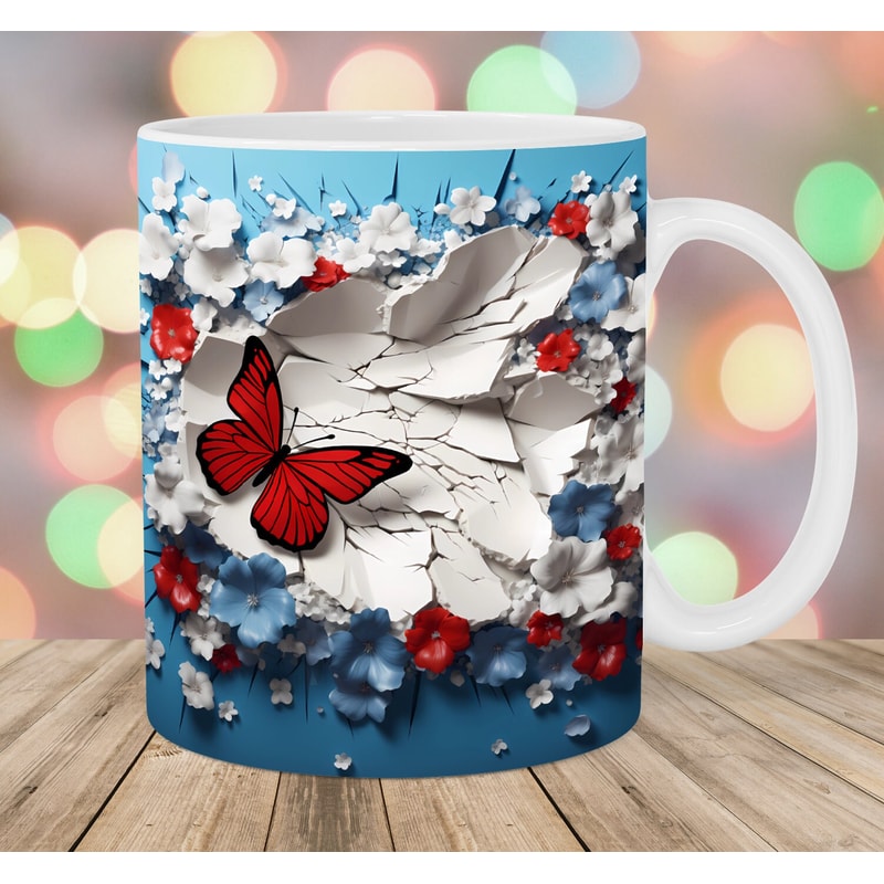 3D Butterfly Crack In A Wall Mug Wrap, 11oz & 15oz Mug Template, Mug Sublimation Design, Flower Mug Template, Instant Digital Download PNG.jpg