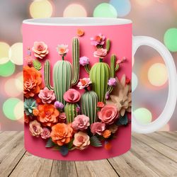 3d cactus mug wrap  11oz & 15oz mug template  mug sublimation design  pink flowers mug wrap template
