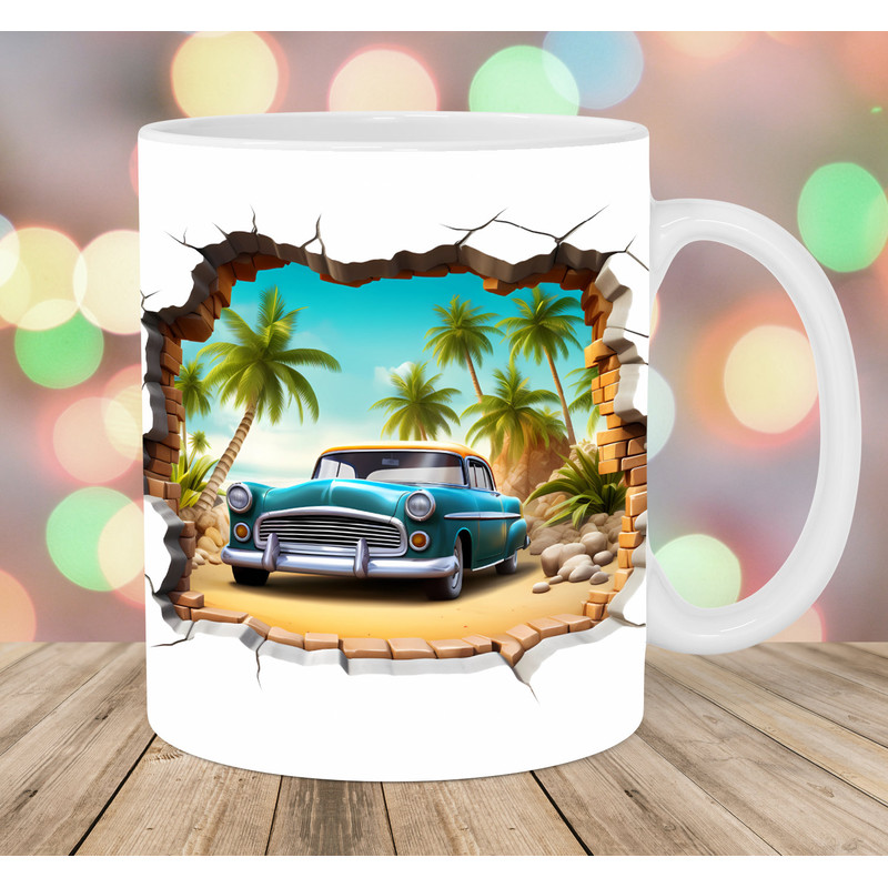 3D Car Hole In A Wall Mug Wrap, 11oz And 15oz Mug Template, Mug Sublimation Design, Beach Mug Wrap Template, Instant Digital Download PNG.jpg