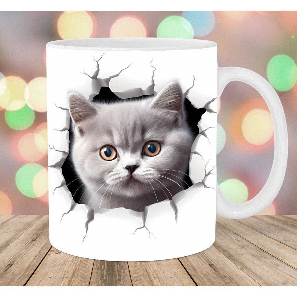 3D Cat Hole In A Wall Mug Wrap, 11oz & 15oz Mug Template, Mug Sublimation Design, Kitten Mug Wrap Template, Instant Digital Download PNG.jpg