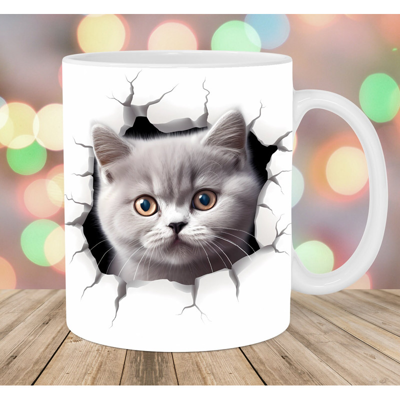 3D Cat Hole In A Wall Mug Wrap, 11oz & 15oz Mug Template, Mug Sublimation Design, Kitten Mug Wrap Template, Instant Digital Download PNG.jpg