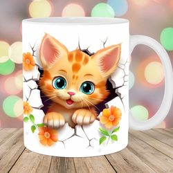 3d cat hole in a wall mug wrap 11oz & 15oz mug template mug sublimation design orange flowers mug template