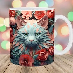 3d cat mug wrap  11oz & 15oz mug template  mug sublimation design  pink green flower mug wrap template