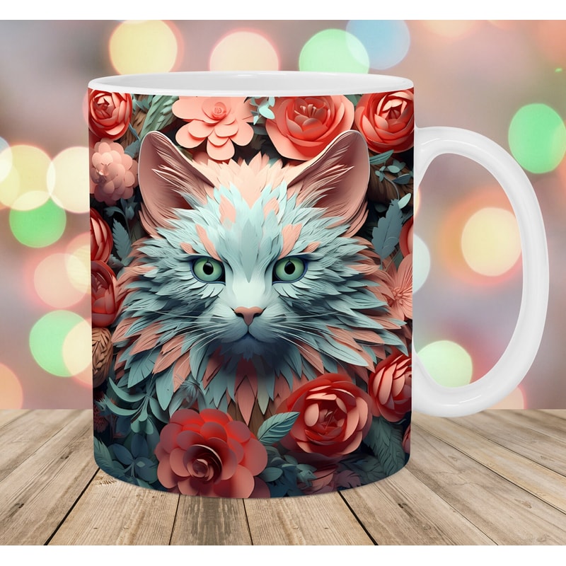 3D Cat Mug Wrap, 11oz & 15oz Mug Template, Mug Sublimation Design, Pink Green Flower Mug Wrap Template, Instant Digital Download PNG.jpg