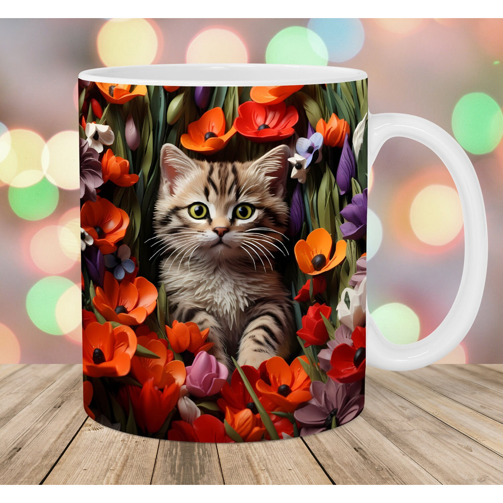 3D Cat Mug Wrap, 11oz & 15oz Mug Template, Mug Sublimation Design, Wild Flowers Mug Wrap Template, Instant Digital Download PNG.jpg