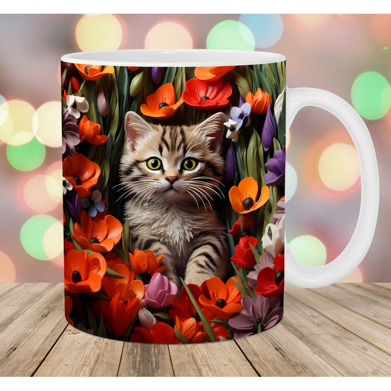 3D Cat Mug Wrap, 11oz & 15oz Mug Template, Mug Sublimation Design, Wild Flowers Mug Wrap Template, Instant Digital Download PNG.jpg