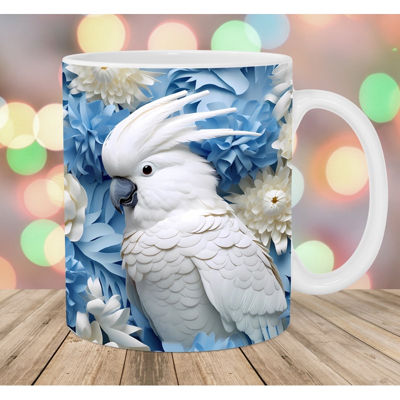 3D Cockatoo Parrot Flowers Mug Wrap, 11oz And 15oz Mug Template, Mug Sublimation Design, Mug Wrap Template, Instant Digital Download PNG.jpg