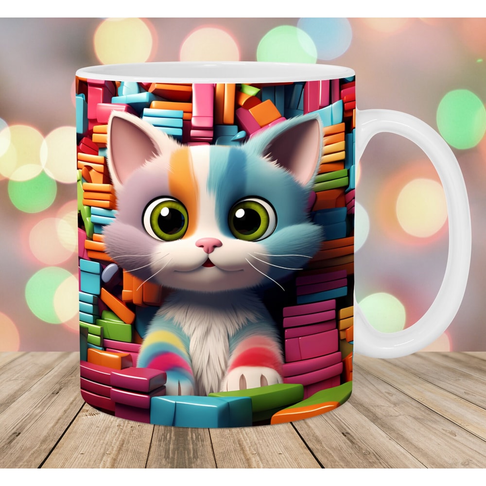 3D Colorful Cat Mug Wrap, 11oz & 15oz Mug Template, Mug Sublimation Design, Books Mug Wrap Template, Instant Digital Download PNG.jpg