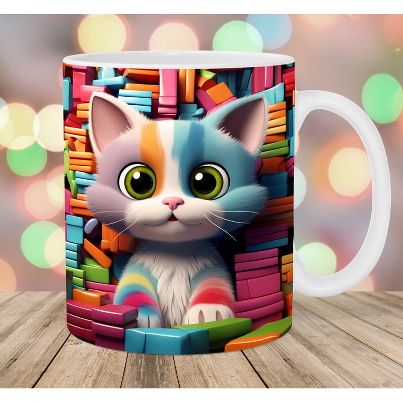 3D Colorful Cat Mug Wrap, 11oz & 15oz Mug Template, Mug Sublimation Design, Books Mug Wrap Template, Instant Digital Download PNG.jpg