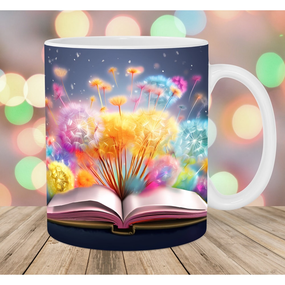 3D Colorful Dandelions Book Mug Wrap, 11oz And 15oz Mug Template, Mug Sublimation Design, Mug Wrap Template, Instant Digital Download PNG.jpg