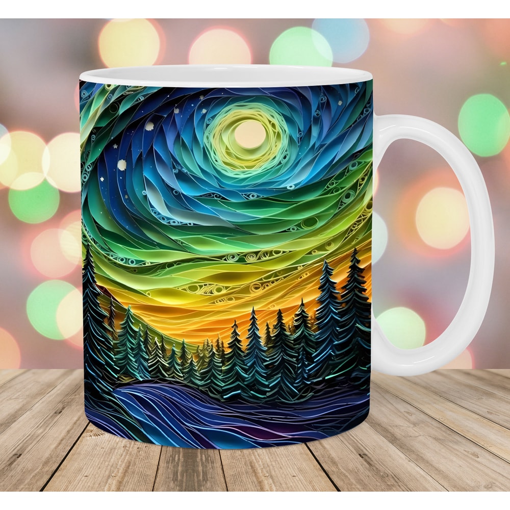 3D Colorful Northern Lights Mug Wrap, 11oz And 15oz Mug Template, Mug Sublimation Design, Mug Wrap Template, Instant Digital Download PNG.jpg