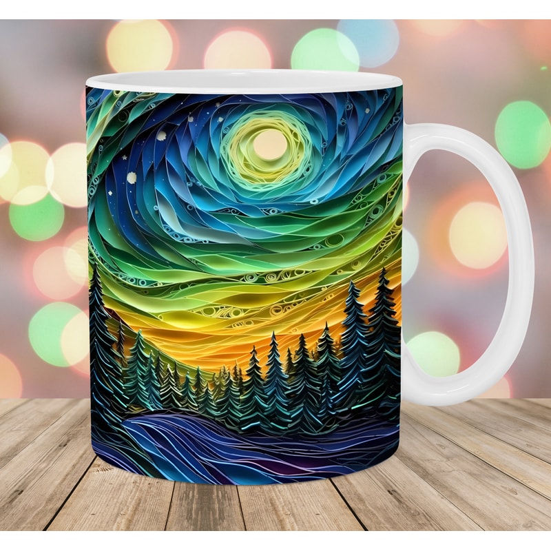 3D Colorful Northern Lights Mug Wrap, 11oz And 15oz Mug Template, Mug Sublimation Design, Mug Wrap Template, Instant Digital Download PNG.jpg