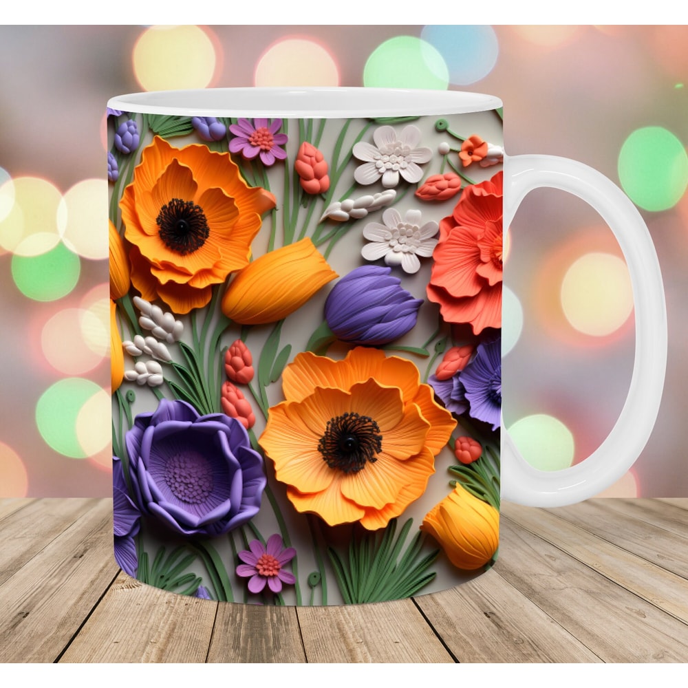 3D Colorful Wild Flowers Mug Wrap, 11oz & 15oz Mug Template, Mug Sublimation Design, Mug Wrap Template, Instant Digital Download PNG.jpg