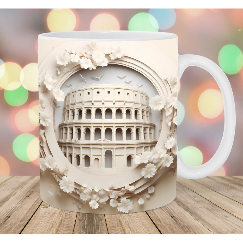 3D Colosseum White Flowers Mug Wrap, 11oz And 15oz Mug Template, Mug Sublimation Design, Mug Wrap Template, Instant Digital Download PNG.jpg