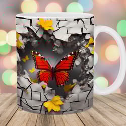 3d crack in a wall red butterfly mug wrap 11oz & 15oz mug template mug sublimation design mug wrap template