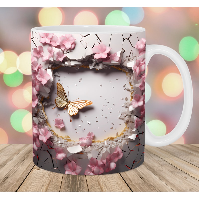 3D Crack In A Wall Rose Gold Butterfly Mug Wrap, 11oz & 15oz Mug Template, Flowers Mug Sublimation Design, Instant Digital Download PNG.jpg
