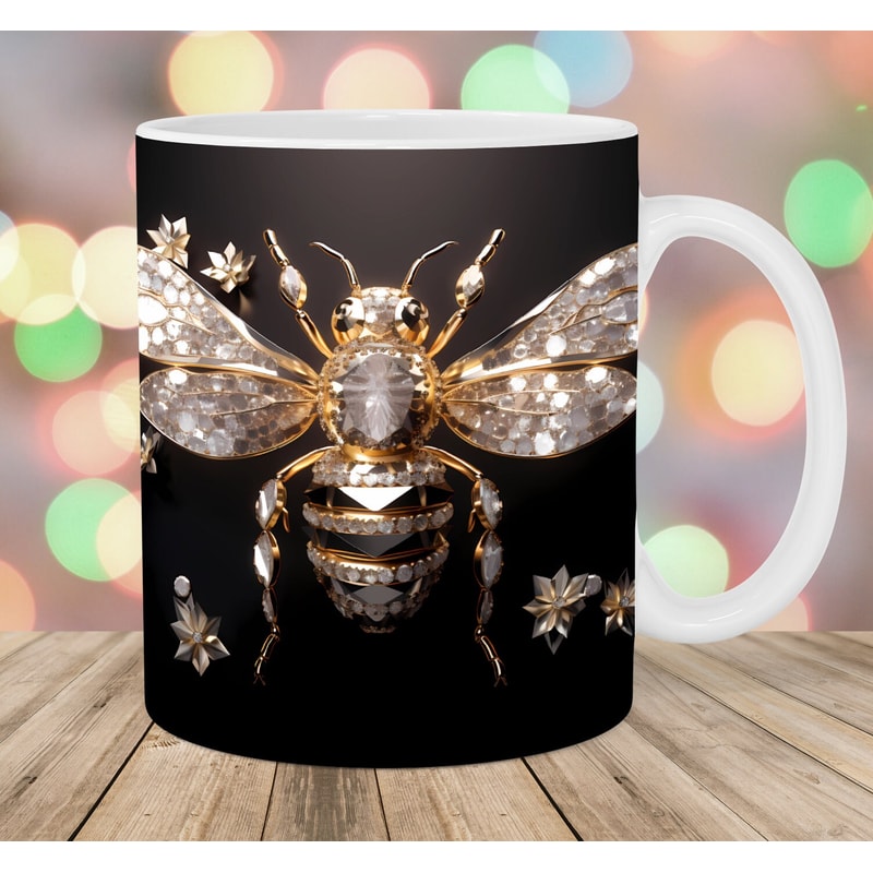 3D Crystal Bee Mug Wrap, 11oz And 15oz Mug Template, Mug Sublimation Design, Mug Wrap Template, Instant Digital Download PNG.jpg
