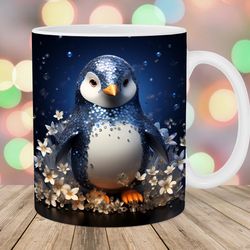 3d crystal penguin mug wrap  11oz and 15oz mug template  mug sublimation design  flowers mug wrap template